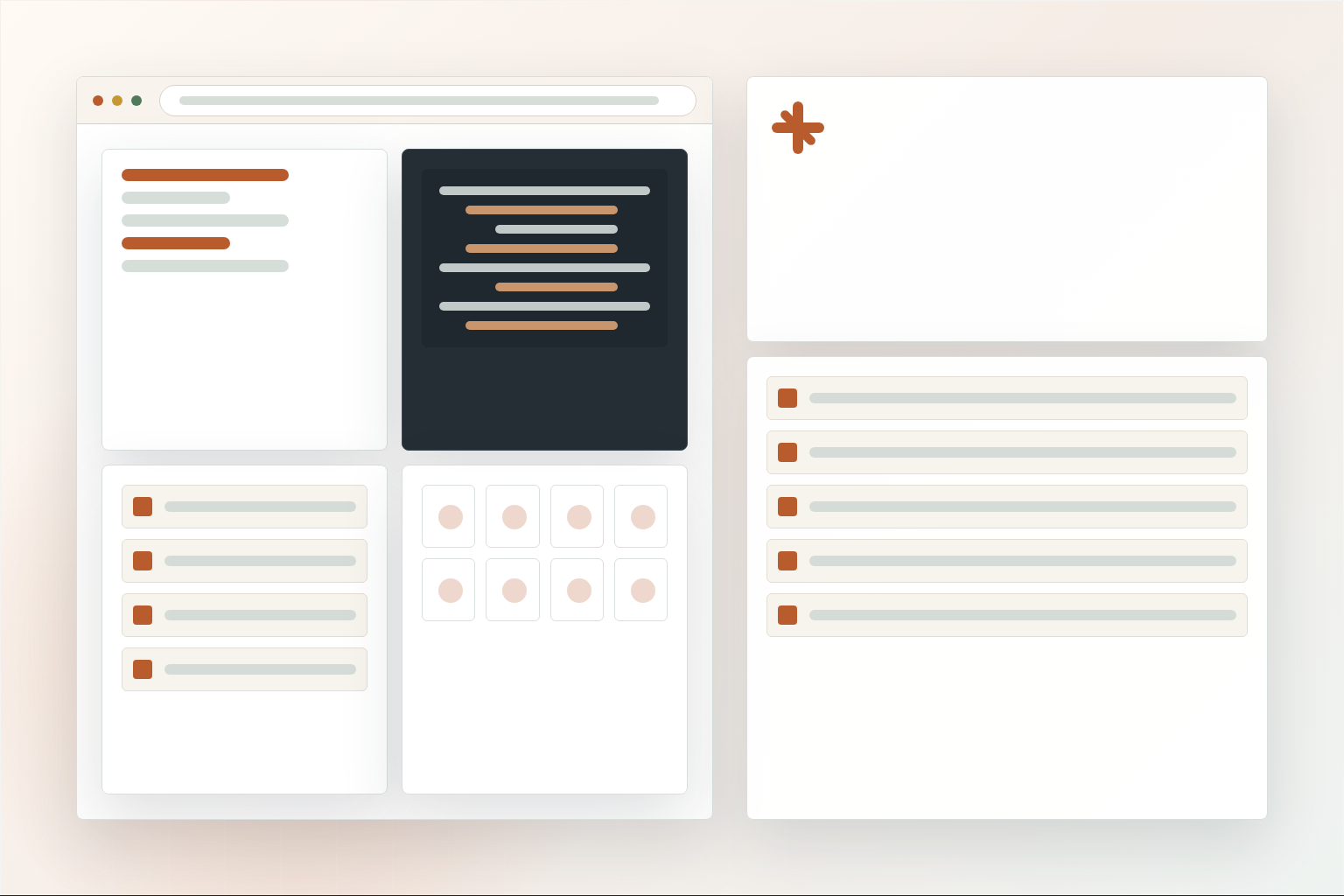 An abstract AI-assisted delivery console showing instructions, reviewable changes, verification, and release records without visible text.