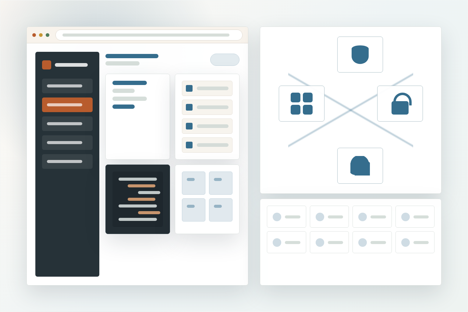 An abstract product workspace showing connected portal, workflow, service, and platform components without visible text.