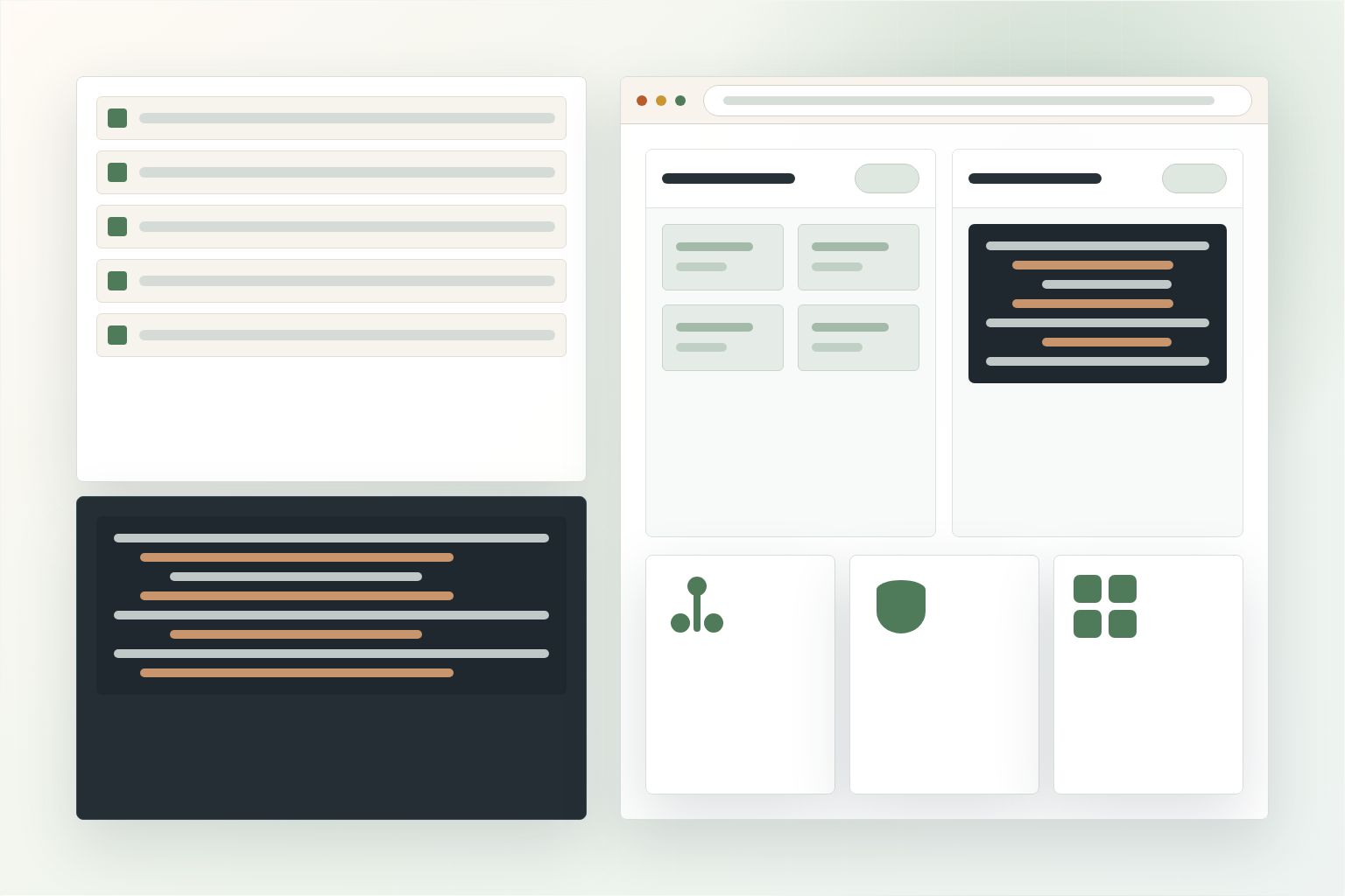 An abstract software foundation workspace showing repository, architecture, and code-review surfaces without visible text.